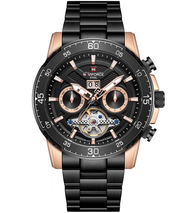 nfs1001-rg-b-naviforce-watch-men-black-dial-metal-black-steel-strap-automatic-analog-for-dream